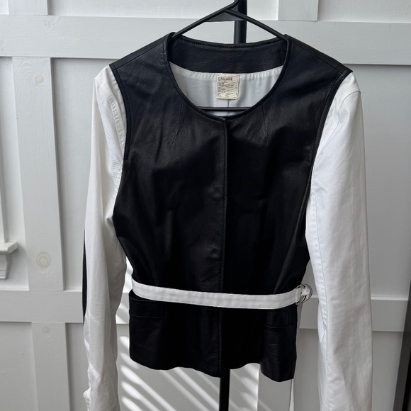 L’AGENCE Black & White Leather Belted Jacket - Picture 1 of 5